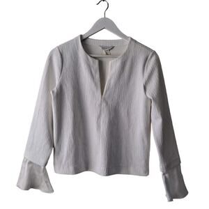 Club Monaco White Split Front Crewneck Bell SleeveTexture Blouse Top Size S/P